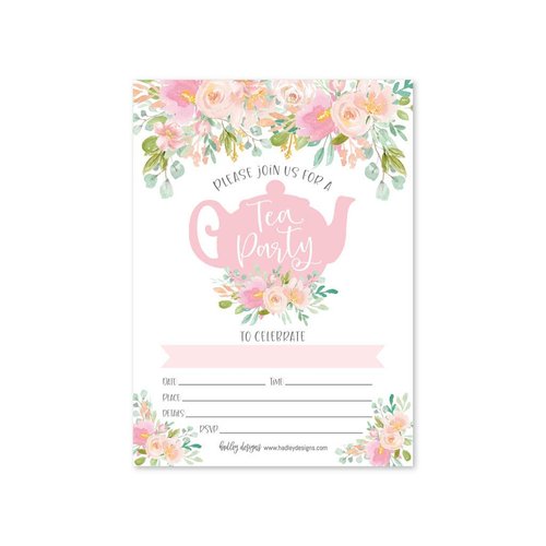 Hadley Designs Floral Princess Tea Party Invitations - 25 Count Pack, Multicolor, For Girls Birthday Parties
