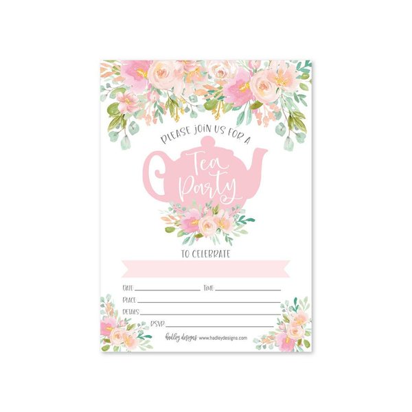 Hadley Designs Floral Princess Tea Party Invitations - 25 Count Pack, Multicolor, For Girls Birthday Parties