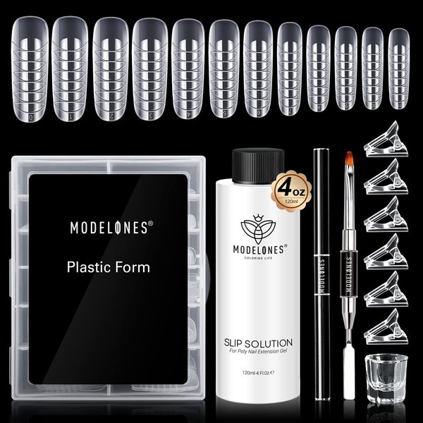 Modelones Slip Solution for Poly Nail Gel, Anti-Stick Gel Nail Extension Complete Kit with Nail Forms Nail Tips Clips Nail Art Tool DIY at Home
