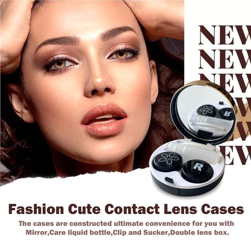 Fashion Eyecare 4-in-1 Lightweight Portable Contact Lens case kit with mirror,travel solution Includes Contact Lens Remover Tool with Bottle and Tweezers(White+Black)