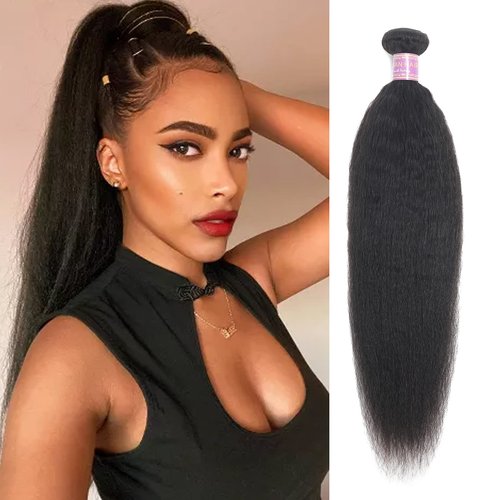Kinky Straight Human Hair Bundles 14Inch Yaki Straight Human Hair Extensions 1 Bundles Unprocessed Brazilian Virgin Kinky Straight Human Hair For Black Women Natural Black