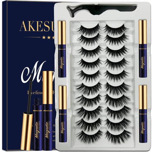 AkesuLash Magnetic Eyelashes with Eyeliner Kit- 10 Pairs 3D Cat-eye Magnetic Lashes Kit with Applicator,Updated 4 Tubes of Magnetic Liner & Natural Look, Reusable, Easy to Apply