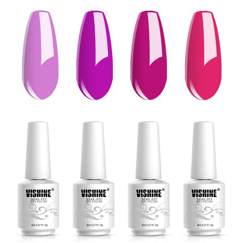 Vishine Pink Gel Nail Polish Set 4 Colors, Hot Pink Tones Sakura Spring Rose Purple Fushia Dark Pink All Seasons Soak Off Long Lasting Nail Art Design Salon Home Manicure Kit C027