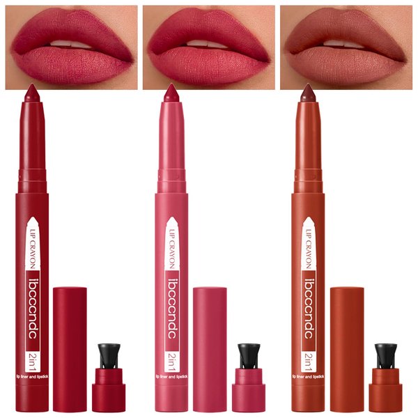 Erinde 3PCS Matte Lipstick Lip Liner Crayon Pencil Makeup Set, Precision Tip Matte Lip Crayon with Built-in Sharpener, Long Lasting Waterproof Plumping Lipstick, Warm Red Brown, 07#08#09#