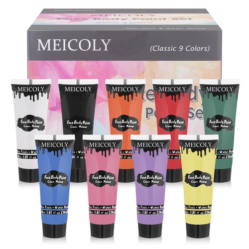 MEICOLY 9 Colors Face Body Paint Set,Kids and Adults Water Based Face Paint Kit,Safe Cream Body Paint for Skin,Face Painting for Halloween SFX Cosplay Makeup Stage Performance,Vegan,1.01x9oz/Box