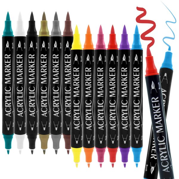 Janwana 12 Colors Acrylic Paint Markers Dual Tip Paint Pens Markers Set with Brush Tip & Fine Tip Acrylic Marker Pens for Rock Wood Glass Fabric Canvas Paper Art Supplies and DIY Crafts Painting