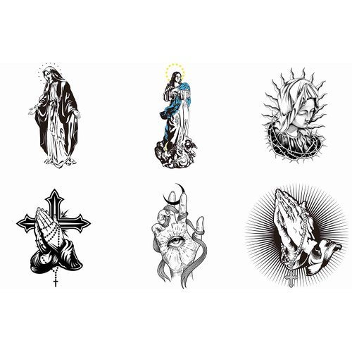 Dopetattoo 6 Sheets Temporary Tattoos Virgen Mary Praying Hands Cross Temporary Tattoo Neck Arm Chest for Women Men Adults