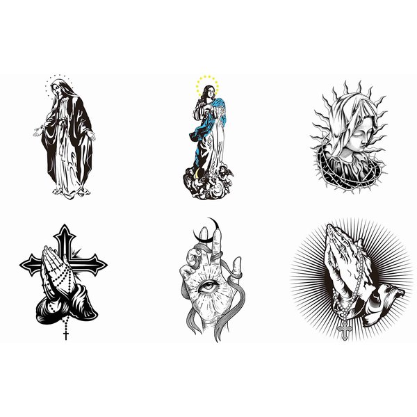 Dopetattoo 6 Sheets Temporary Tattoos Virgen Mary Praying Hands Cross Temporary Tattoo Neck Arm Chest for Women Men Adults