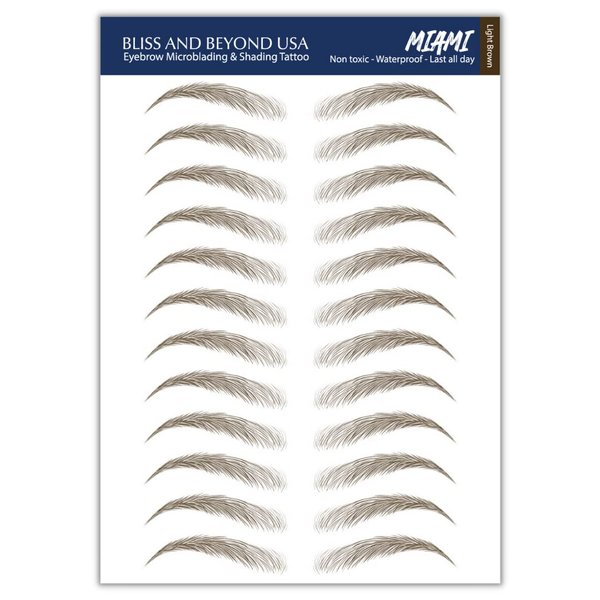 Bliss and Beyond USA | Waterproof Eyebrow Tattoo Stickers. A real hair stroke look. Hair replacement without surgery. Solution for hair loss. Bushy Tinted eyebrow tattoos. (New Miami, Light Brown)