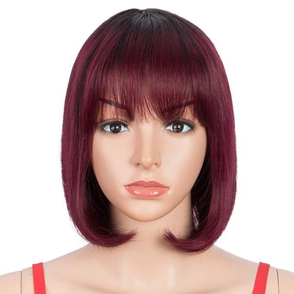 Spotlight 8 Inch Straight Bob Wig with Bangs Human Hair 180% Density Short Bob Human Hair Wigs with Bangs None Lace Front Wigs Brazilian Straight Hair Wig for Black Women (Ombre Red, TT1B/99J Color)