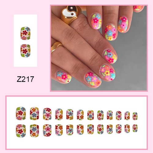 AZTSYT 24Pcs Short Press on Nails Square Fake Nails Glossy Acrylic Nails Colorful Flower Designs Full Cover False Nails with Nail Glue Cute Artificial Glue on Nails Spring Nail Decorations for Women