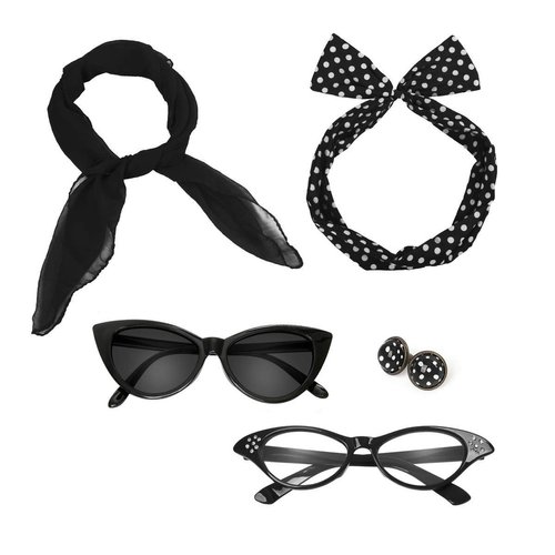 Retro 50's Costume Accessories Set Polka Dot Chiffon Scarf Cat Eye Glasses Bandana Tie Headband & Earrings for Girls Women Ladies Dress Up (Black)