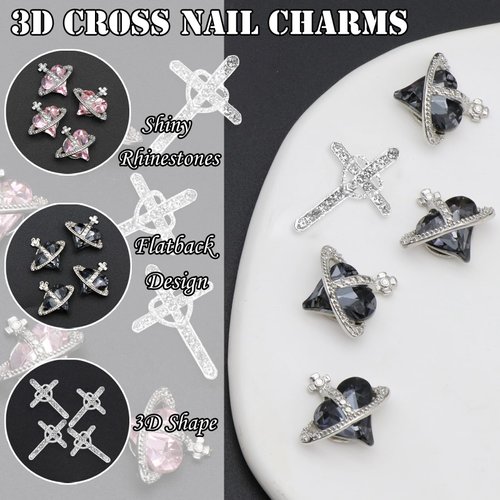 YAEISM 12PCS Planet Nail Charms and 3D Cross Nail Charms Heart Shape Nail Art Crystal Shiny Nail Gems Rhinestones for DIY Crafts Jewelry Decoration
