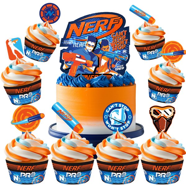 Treasures Gifted Officially Licensed Nerf Cake Topper Set - (1) Nerf Cake Topper & (24) Nerf Cupcake Toppers & Wrappers - Nerf Birthday Party Supplies - Nerf Party Supplies - Nerf Birthday Decorations