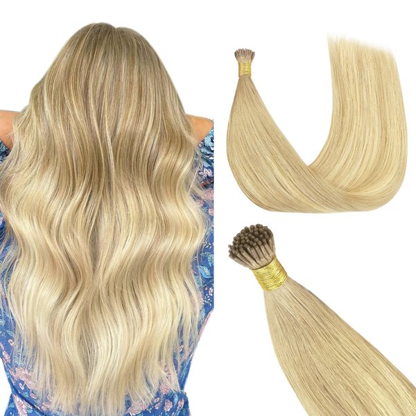 GOO GOO I Tip Hair Extensions Human Hair, 20inch 50g 50S, Real Human Itip Keratin Hair Extensions Pre Bonded, #18AT60A Pearl Ash Blonde Highlights