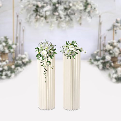 DONNGYZ Foldable Paper Columns 2 Pcs Display Pedestals, Cream White Wedding Centerpieces Display, Cylinder Flower Stand, Paper Roman Pillar for Engagement Birthday Party Decoration - 20 Folds, XXL