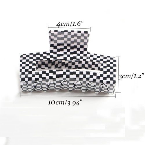 Checkered Hair Claw Clips,Pack of 3,Vintage Black/White Checkered Claw Clips Cellulose Acetate Banana Clips,Nonslip Hair Clamp for Women Girls (Black/White)