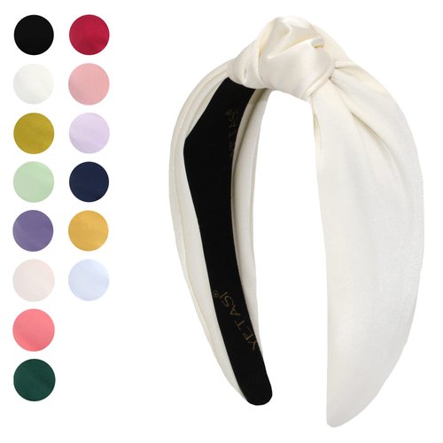 YETASI Satin Headbands for Women, Off-White Knotted Headband Made of Non-Slip Material, Silk Quality Satin Fabric Adjustable Top Knot Head band