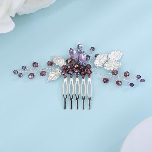 JWICOS Purple Wedding Hair Comb Clip Leaf Hair Comb for Bride Handmade Wedding Purple Crystal Side Comb for Women Party Special Occassion