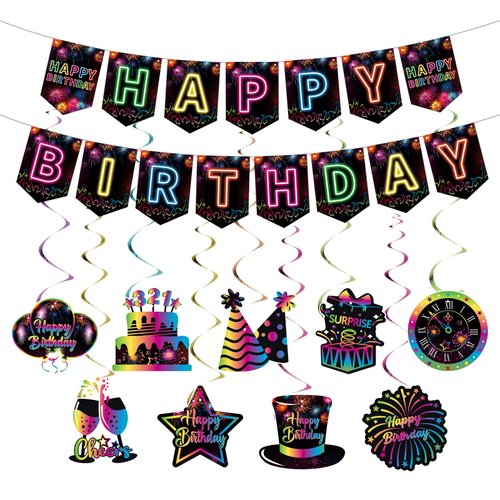 Neon Happy Birthday Banner - 10PCS Pre-Strung Neon Happy Birthday Decorations Men Women Girls Hanging Swirls Decorations Supplies Birthday Party Decor Birthday Party Supplies Photo Props