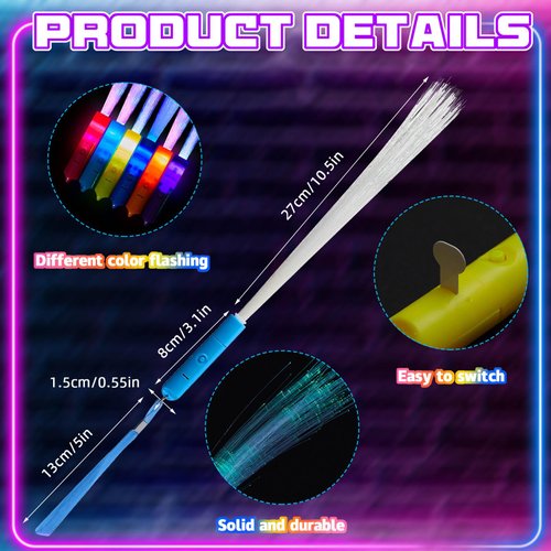 Lewtemi 48 Pieces Glow Fiber Wands Sticks LED Light Up Wands Fiber Optic Wands LED Flashing Sticks Glow Flashing Wands Fiber Optic Wands for Party Favors, Colorful, Battery Operated (Multicolored)