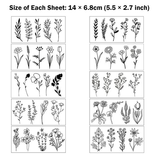 CARGEN Black Flower Branch Temporary Tattoos - 10 Sheets 44 Design Flower Floral Bouquet Plant Tulip Sunflower Lavender Sweet Pea Larkspur Sticker Temporary Tattoo Fake Tattoo for Women Girls Body