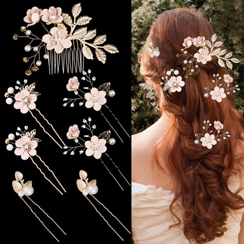 7 PCS Bridal Flower Wedding Hair Clips Crystal Pearl Hair Pins Headpiece Side Bridal Comb Gold Wedding Hair Accessories Jewelry for Brides Bridesmaids Women Girls Updo(Pink)