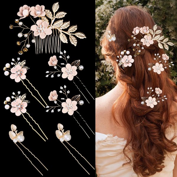 7 PCS Bridal Flower Wedding Hair Clips Crystal Pearl Hair Pins Headpiece Side Bridal Comb Gold Wedding Hair Accessories Jewelry for Brides Bridesmaids Women Girls Updo(Pink)