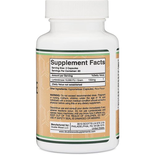 Lumbrokinase Enzymes Supplement - 120 Capsules (Max Activity 10,000 FU/Gram) 150mg per Serving (No Fillers, Manufactured in The USA) for Cardiovascular and Blood Circulation Support by Double Wood