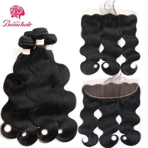 Beauhair Brazilian Virgin Hair Body Wave 3 Bundles with Closure Free Part 8A Unprocessed Brazilian Body Wave Human Hair Weft Extensions with 4x4 Lace Closure Natural Color(16 18 20 with 16 Free Part)