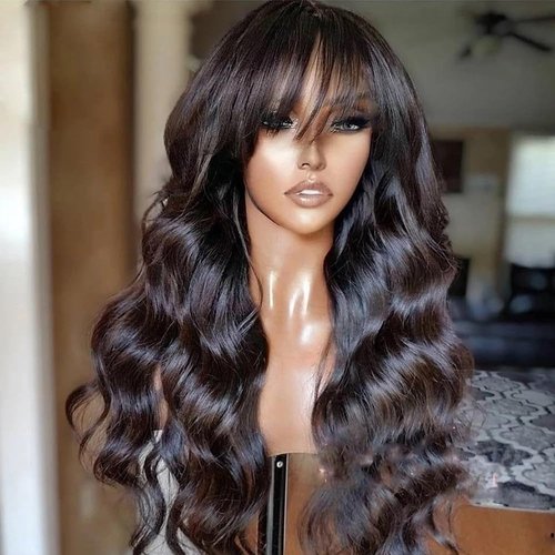 JZhair Body Wave Human Hair Wigs With Bangs Brazilian Remy Hair Machine Made O Scalp Top Wig For Black Women Remy Brazilian Human Hair Wave Wig 200% Density Natural Color 18 Inch
