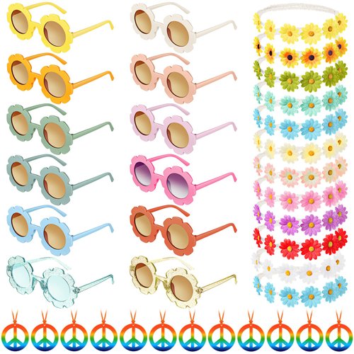 Cindeer 36 Pcs Retro Flower Sunglasses Daisy Flower Headbands Peace Sign Necklace Set, Groovy Party Decorations Hippie Costume Accessories 60s 70s Party Favors for Kids