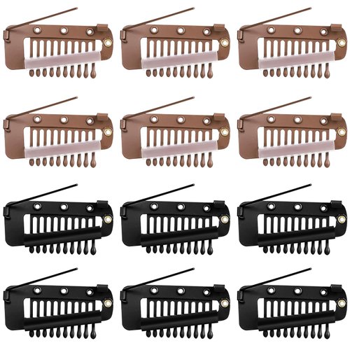 12 Pcs Wig Clip With Safety Pins 10-Teeth Hair Extension Snap Invisible Wig Combs Setting Clips to Secure Wig No Sew Hair Extension Clips for Woman Hijab Veil Hair Extensions Hairpieces (Black, Brown)