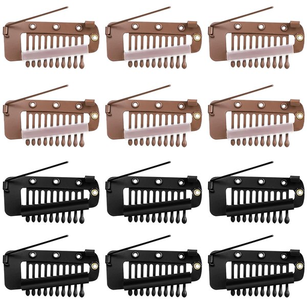 12 Pcs Wig Clip With Safety Pins 10-Teeth Hair Extension Snap Invisible Wig Combs Setting Clips to Secure Wig No Sew Hair Extension Clips for Woman Hijab Veil Hair Extensions Hairpieces (Black, Brown)