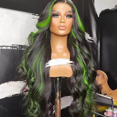 ANDRIA Green Skunk Stripe Colorful Lace Front Wigs Long Body Wave Glueless Natural Wave Glueless lace Wig Synthetic Heat Resistant Fiber Hair Wig Pre Plucked With Baby Hair For Women 24 Inch