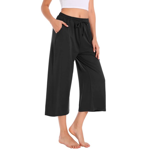 Annenmy Wide Leg Pants for Women Summer Capri Pants,Cropped Running Exercise Pants Quick Dry Loose Fit with Side Pockets Plus Size Gym Shorts Women Workout Black XXL