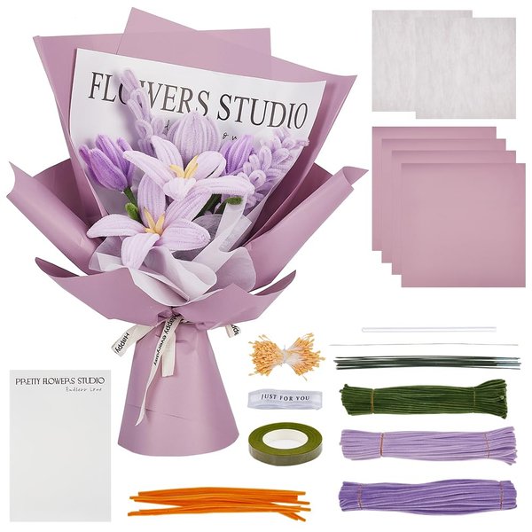 ORIGACH 310 Pcs Tulip Lily Lavender Eucalyptus Pipe Cleaner Flower Kit Chenille Stems Pipe Cleaners Craft Supplies for Flower Bouquet Making with Instruction Video Tutorial