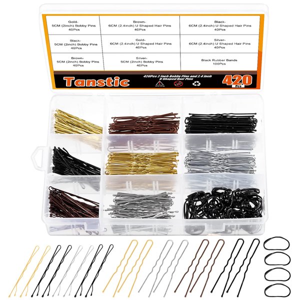 Tanstic 420Pcs 4 Colors 2 Inch Bobby Pins and 2.4 Inch U Shaped Hair Pins with Black Rubber Bands Kit, Hair Pins Hairpins Bun Pins Soft Elastic Bands with Storage Case (Gold/Silver/Black/Brown)