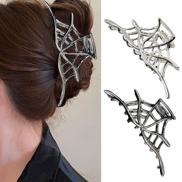 Halloween Hair Clips Silver & Black Hair Claw Clips Halloween Spider Web Shape Hair Barrette Metal Hair Jaw Clips Strong Hold Hair Accessories for Women 2PCS