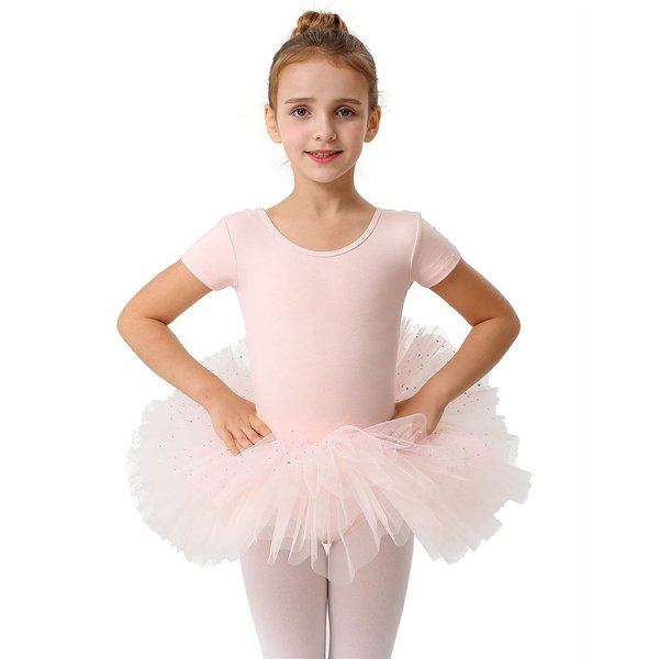 MdnMd Short Sleeve Glitter Dance Ballet Tutu Skirt Leotard Ballerina for Toddler Girls Dancewear (Ballet Pink, Age 2-4 / 2t,3t)
