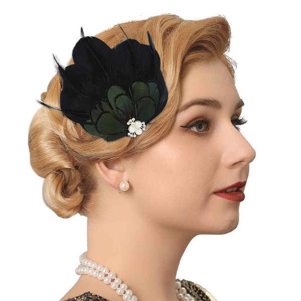 GENBREE Black Feather Hair Clip 1920s Flapper Headpiece Crystal Feather Headband Prom Party Hair Accessories for Women and Girls