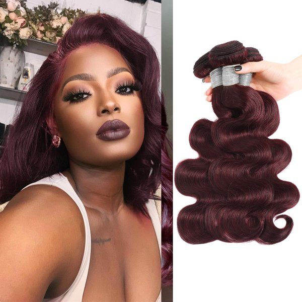 MOMOSHERO 99j Dark Burgundy Body Wave Human Hair 3 Bundles, 10A Sew In Wavy Weave Bundles Chic Dark Burgundy Color 100% Brazilian Virgin Remy Human Hair Soft Glossy #99j Red Wine Color 12 14 16 Inch