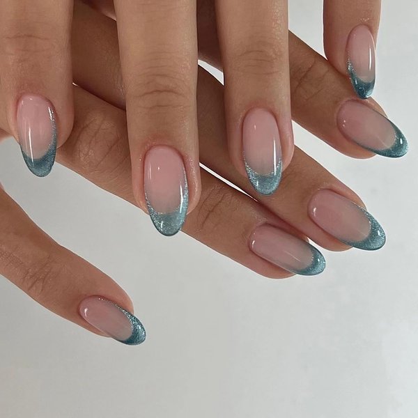 French Tip Press on Nails Cat Glitter Fake Nails Almond Glossy Glue on Nails Medium Length False Nails with Designs Full Cover Acrylic Nails Reusable Artificial Nails for Women and Girls 24Pcs