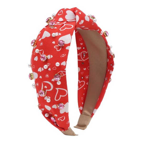 Aodse Valentine’s Day Headbands for Women Pearl Rhinestone Hairband Knotted Heart Love Crystal Bejeweled Head Band Non Slip Wide Top Knot Headband Red Holiday Gifts Jeweled Hair Accessories