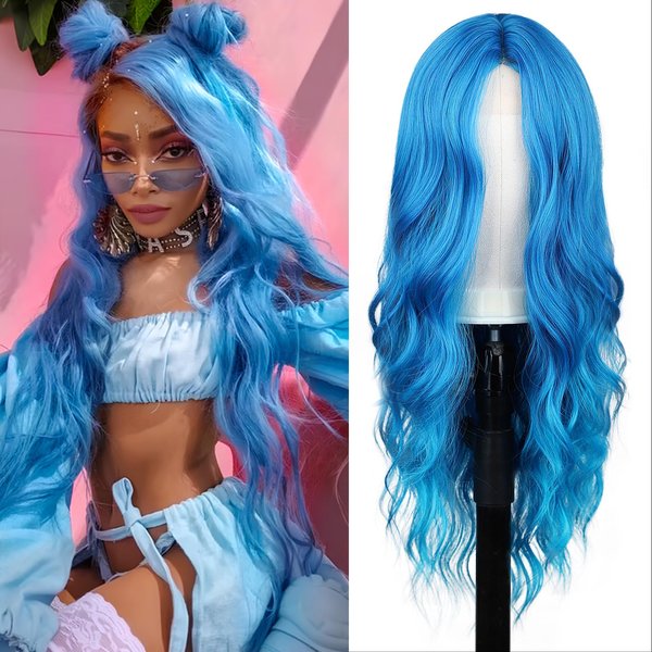 BEAUTIFA Blue Wig, Long Blue Wavy Wig for Women Middle Part 26 Inch Blue Natural Curly Synthetic Wigs Heat Resistant Fiber Wig for Daily Party Cosplay Use