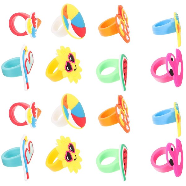 Ipetboom Hawaiian Little Girl Rings 20pcs Rubber Watermelon Flamingo Sun Rings Pretend Play and Dress Up Rings for Tropical Summer Beach Day Party Random Color