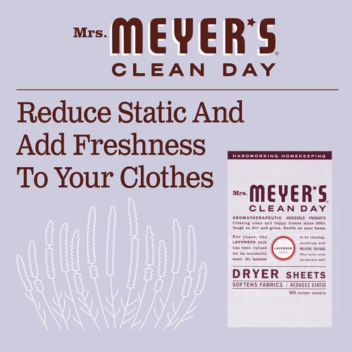 MRS. MEYER'S CLEAN DAY Dryer Sheets, Fabric Softener, Reduces Static, Infused with Essential Oils, Lavender, 80 Count
