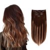 5 Pieces 18" Remy Clip in Hair Extensions Human Hair Chocolate Brown to Honey Blonde Highlight Brown Ombre - Silky Straight Short Thick Real Hair Extensions for Women (18 inches, (4T27) P4, 90grams)