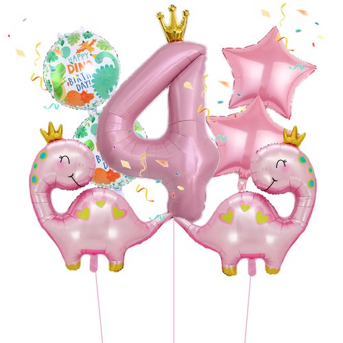 7pcs Pink Crown Dinosaur Balloons, Girl Dinosaur Birthday Number Mylar Foil Balloon Pink Dinosaur 4th Birthday Party Supplies Decorations (4th)