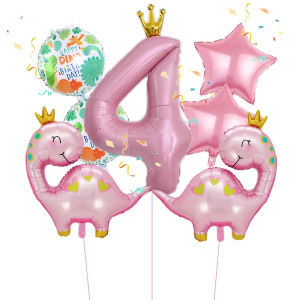 7pcs Pink Crown Dinosaur Balloons, Girl Dinosaur Birthday Number Mylar Foil Balloon Pink Dinosaur 4th Birthday Party Supplies Decorations (4th)